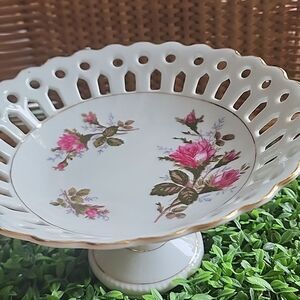 Vintage Japan Moss Rose Pedestal Dish With Gold Tone Detail Coquette Bridal